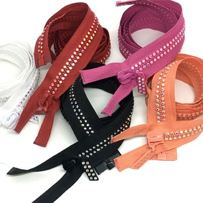 #5 #10 Auto-Lock Rhinestone Metal Zipper Open End In Rood