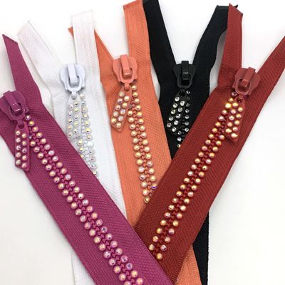 #5 #10 Auto-Lock Rhinestone Metal Zipper Open End In Rood