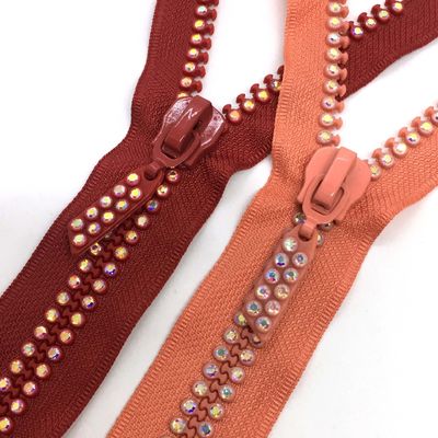 #5 #10 Auto-Lock Rhinestone Metal Zipper Open End In Rood